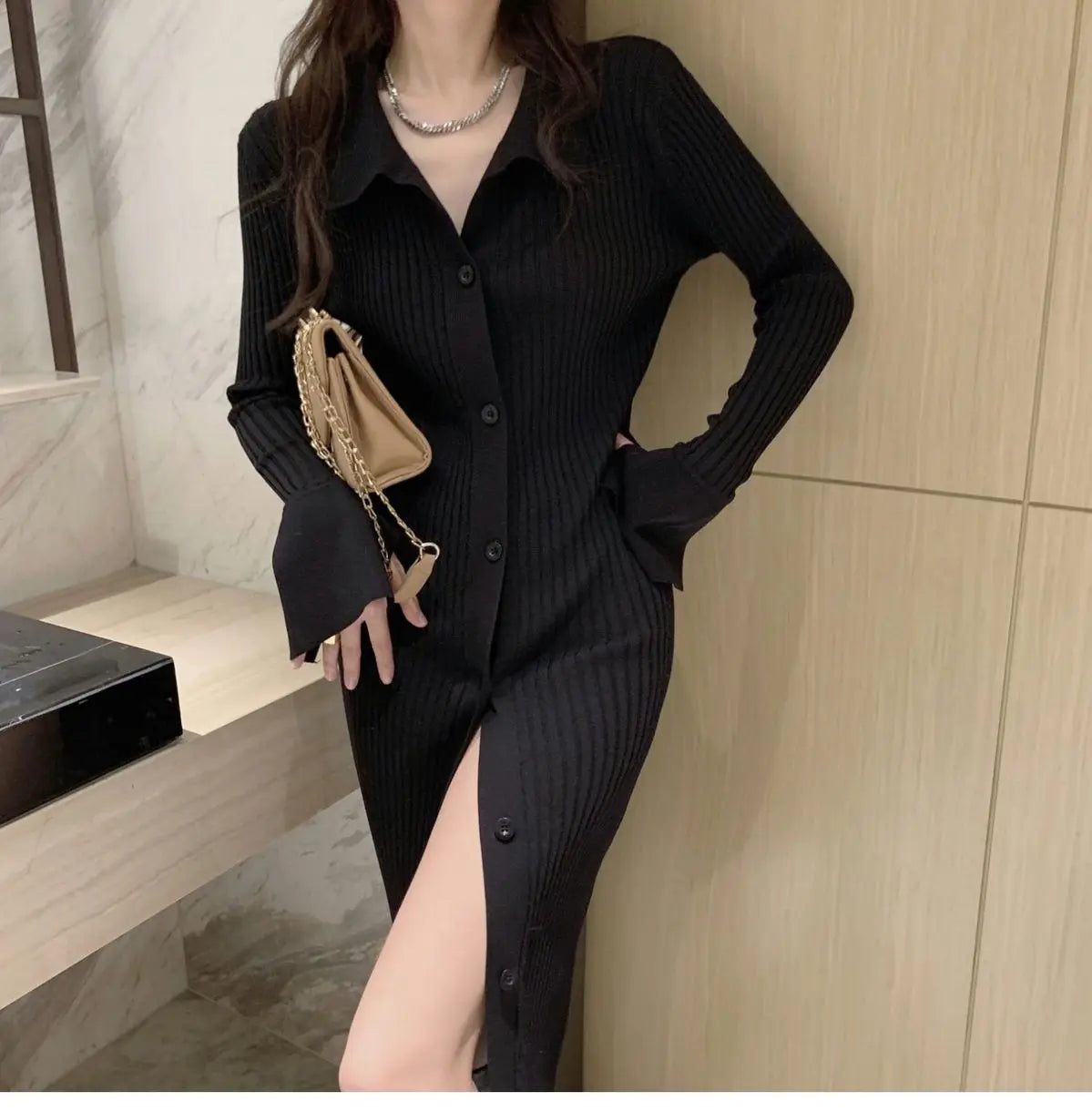 Women knit V-neck reverse neck split dress