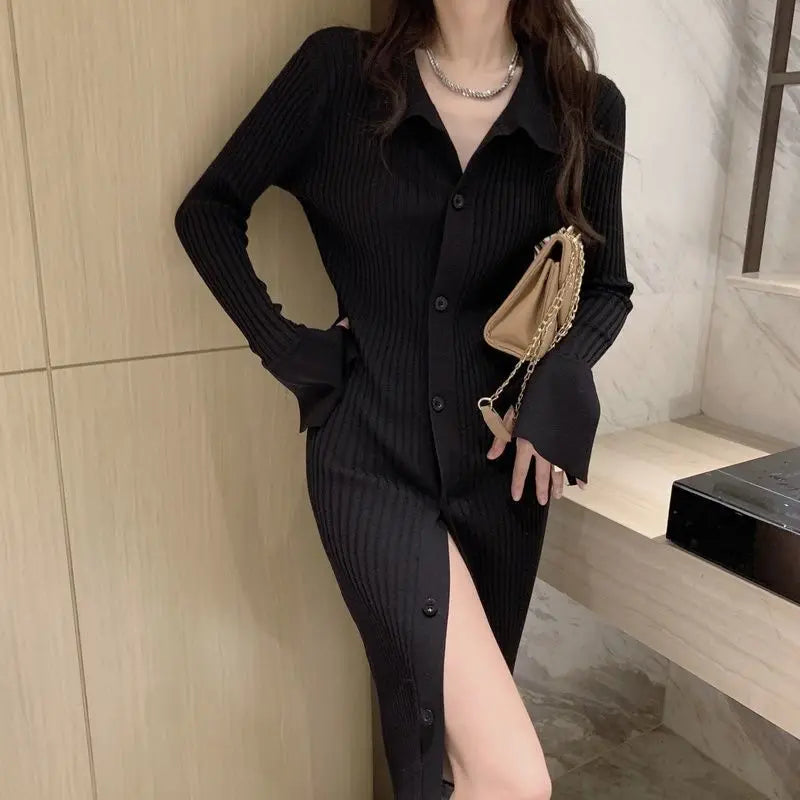 Women knit V-neck reverse neck split dress